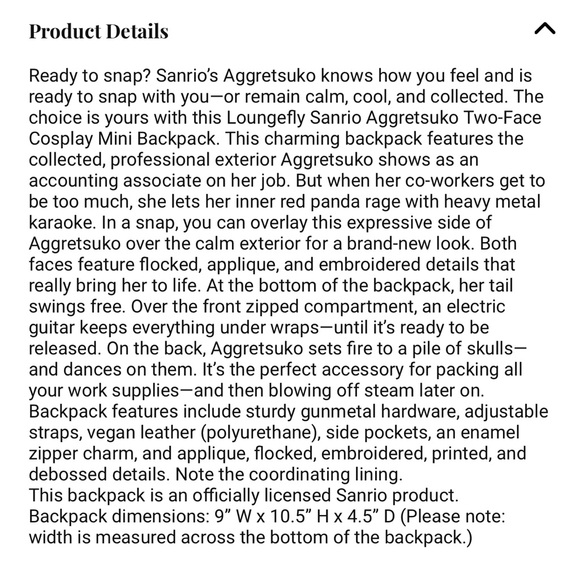 {loungefly} sanrio aggretsuko two-face cosplay backpack - Picture 15 of 15